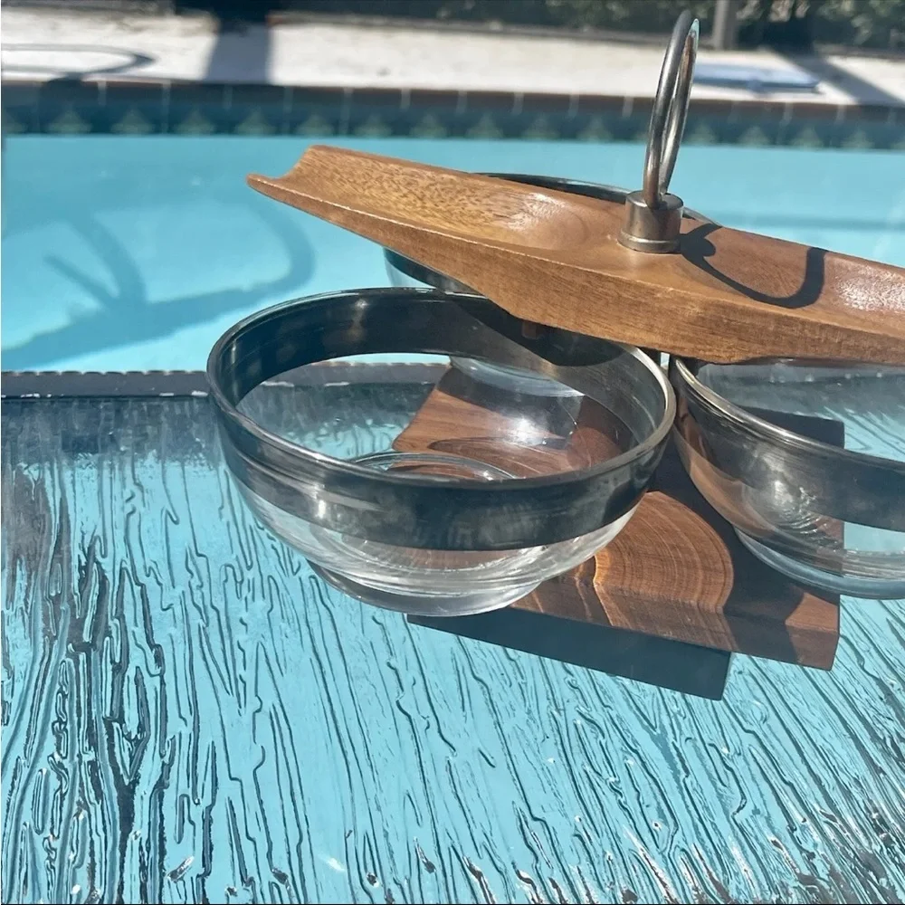 Vernco Gunstock Vintage 70's Walnut Wood Glass Serving Condiment‎ Lazy Susan